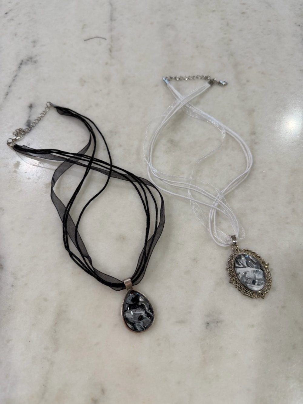 Handmade OOAK Marble Pendant Necklace Set (2) | Artist Made | Sheer Ribbon Cord